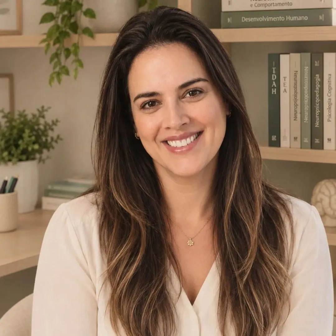 Fernanda Cocitta, neuropsicóloga, sorrindo diante de uma estante de livros